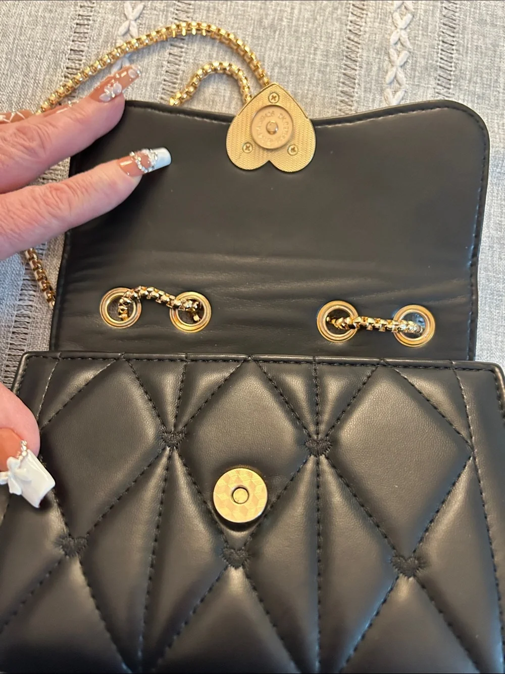 Black Quilted Chain Shoulder Bag with Gold Heart Lock